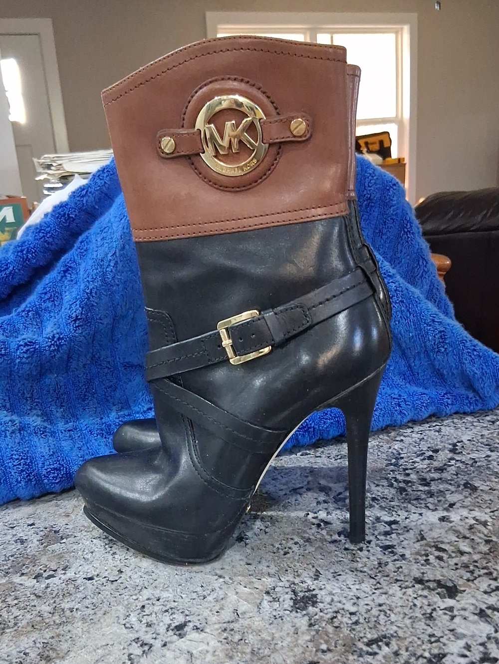 Michael Kors Black Leather High Stiletto Boot with Brown Cuff and Gold Accent